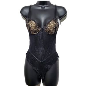 Hannah Belle Black Satin & Lace Teddy Lingerie Womens Size Small